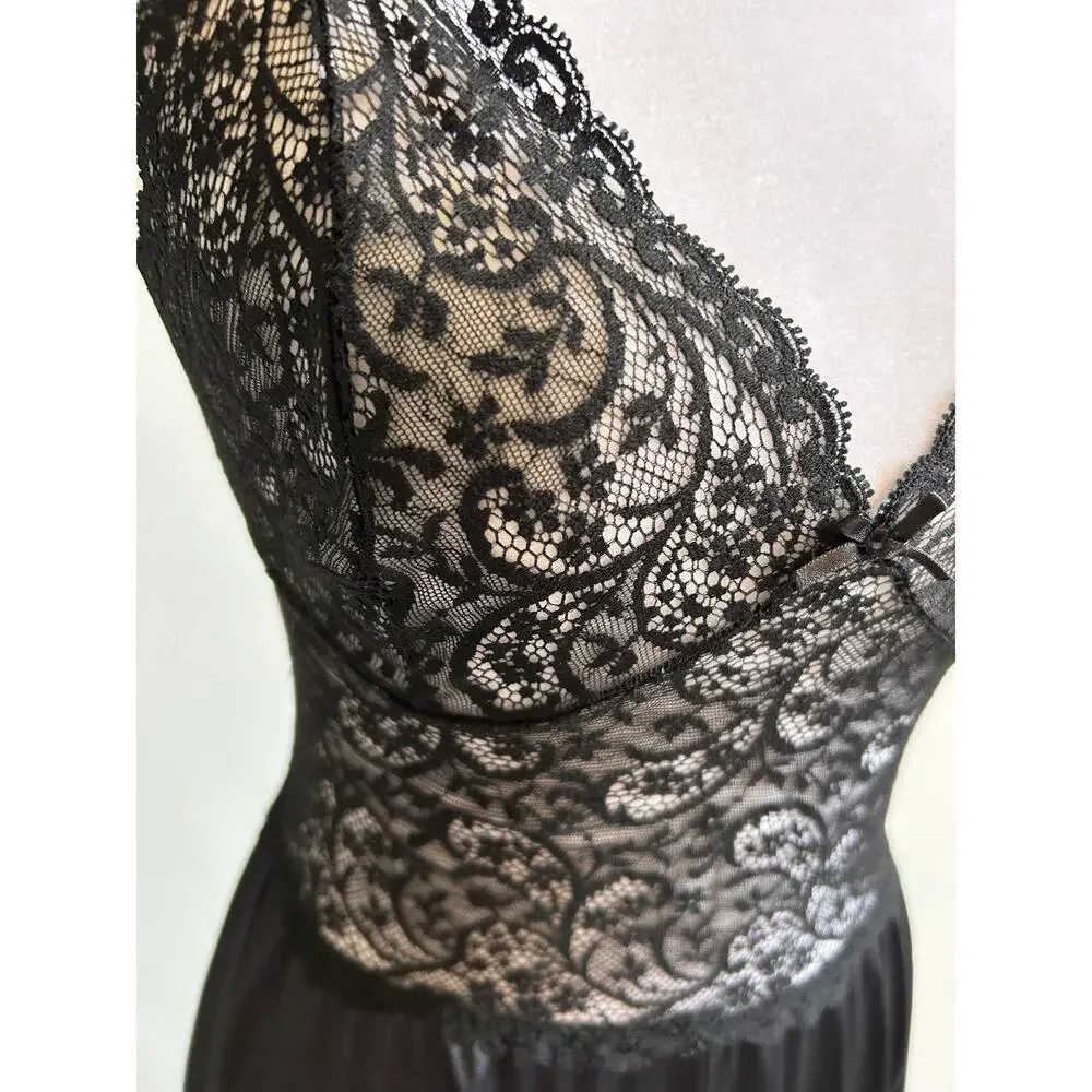 VTG 70s Nightgown Black Lace Bodice Long Maxi Glam Whimsygoth Romantic Flowy USA